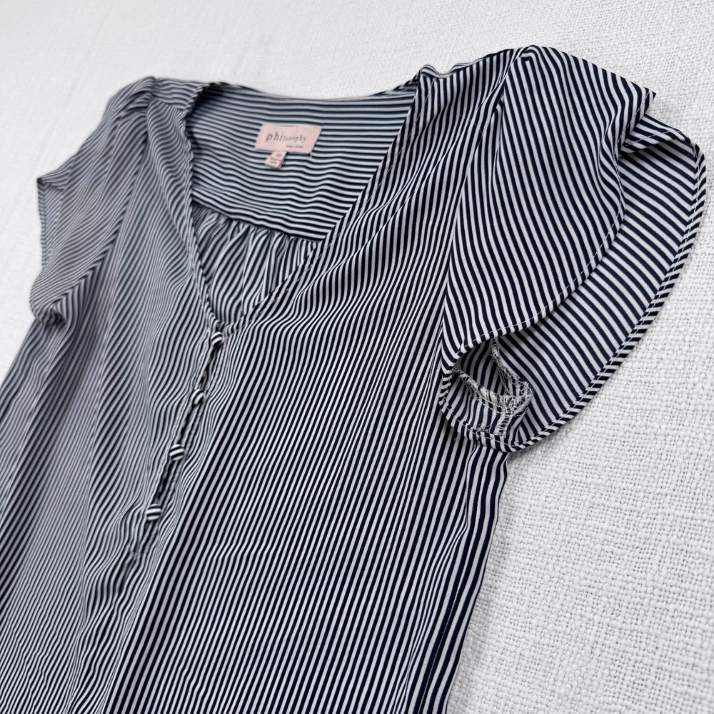 Philosophy Womens XS Striped V-Neck Flutter Sleeve Blouse‎ Black White Office - Picture 3 of 8